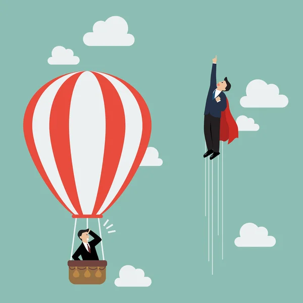 Homem de negócios super-herói fly pass Homem de negócios em balão de ar quente — Vetor de Stock