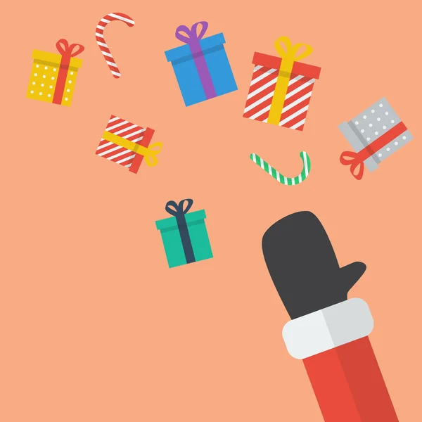 Santa mano Lanza la caja de regalo de Navidad — Vector de stock