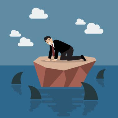 Helpless businessman on a small island which surrounded by shark clipart