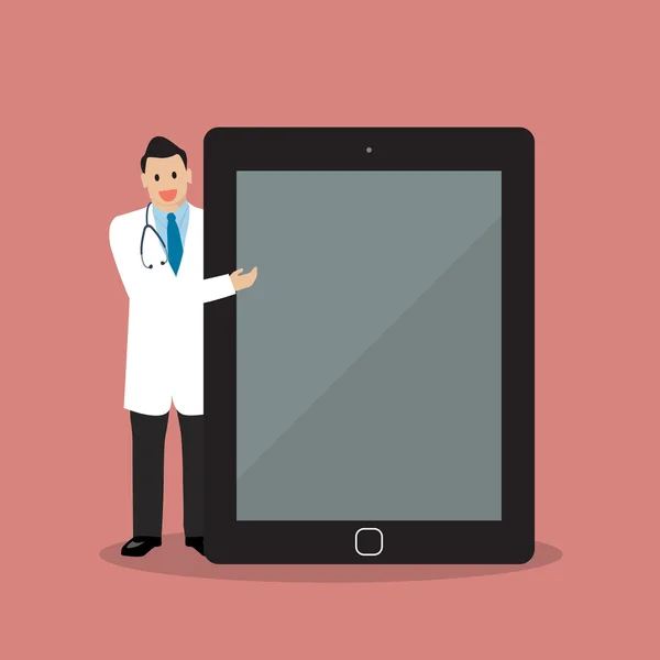 Orvos, rámutatva, hogy a képernyő tabletta — Stock Vector