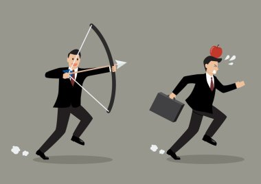 Businessman try to shoot at apple on colleague head