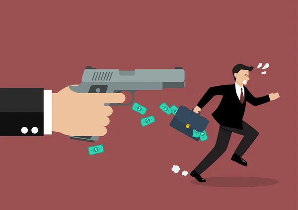 Businessman running away from a hand holding gun Stock Vector