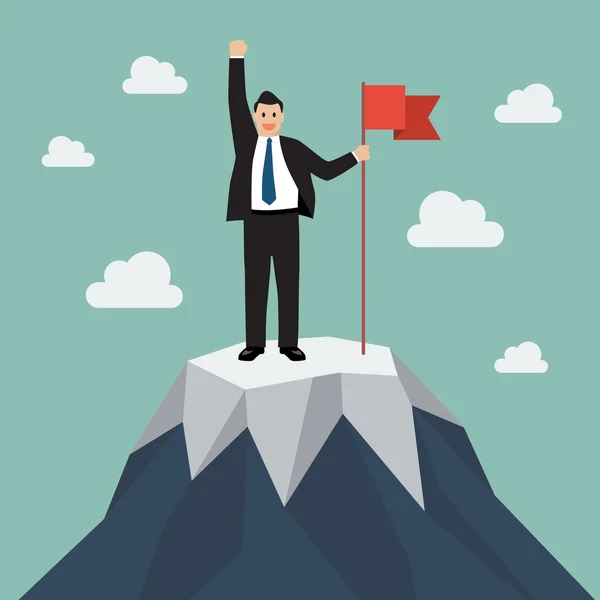 Businessman with flag on a Mountain peak — Stock Vector