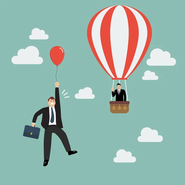 Бизнесмен на воздушном шаре летит мимо бизнесмена с красным балом — стоковый вектор
