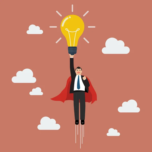 Businessman superhero holding creative lightbulb — Stock vektor
