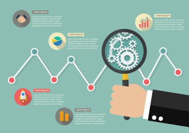 Hisse senedi grafiği infographi olan büyüteç tutan el