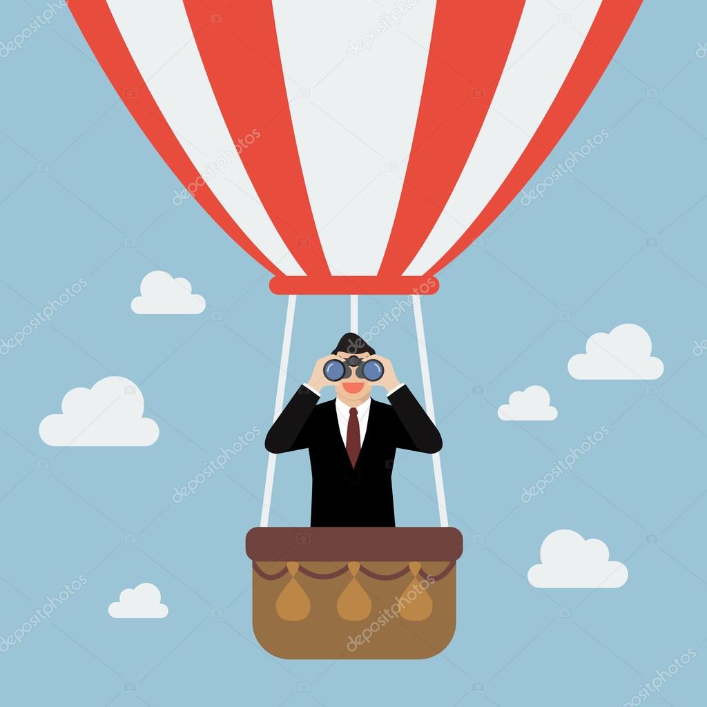 Businessman use binoculars looking for business on hot air ballo