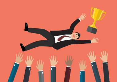 İnsanlar bir işadamı trophy Kupası hava ile atmak