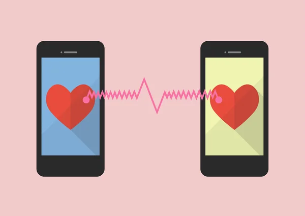 Dos corazones icono fue conectado por dos teléfonos inteligentes — Vector de stock