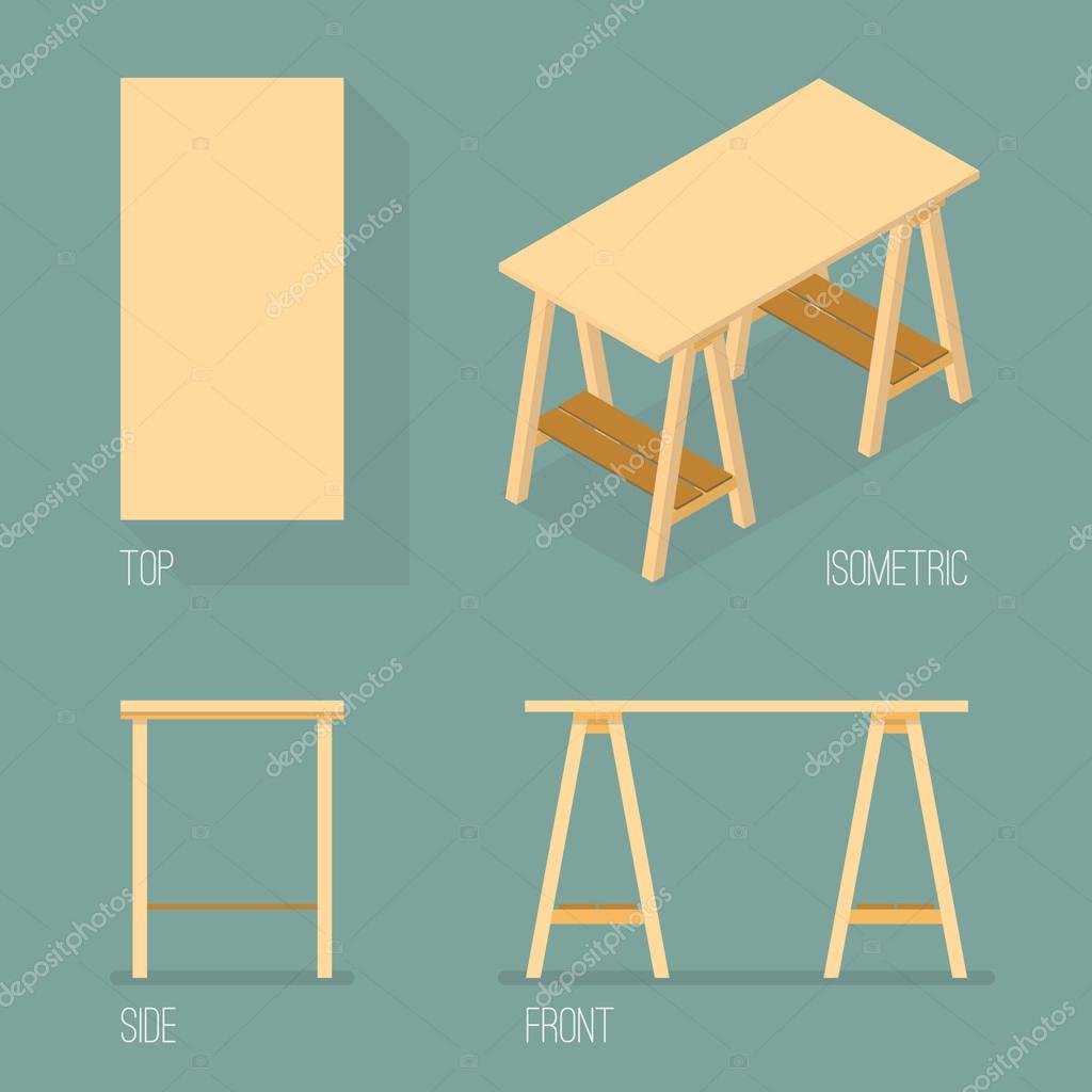 Set Of Modern Office Table Isometric Drawing Stock Vector