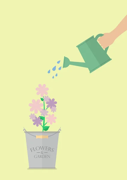 Hand watering flower in pot — Stock Vector