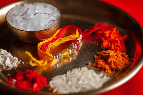 Közelkép Puja Thali Pooja Lemez Előkészítése Során Rakhsa Bhandhan Fesztivál — Stock Fotó