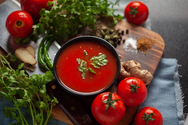 Close Indian Homemade Fresh Healthy Tomato Soup Garnished Fresh Coriander — Stock Photo, Image