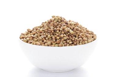 Seramik beyaz bir kase üzerinde organik kişniş (Coriandrum sativum) yakın çekim. Hint Aromatik Baharatı Yığını.