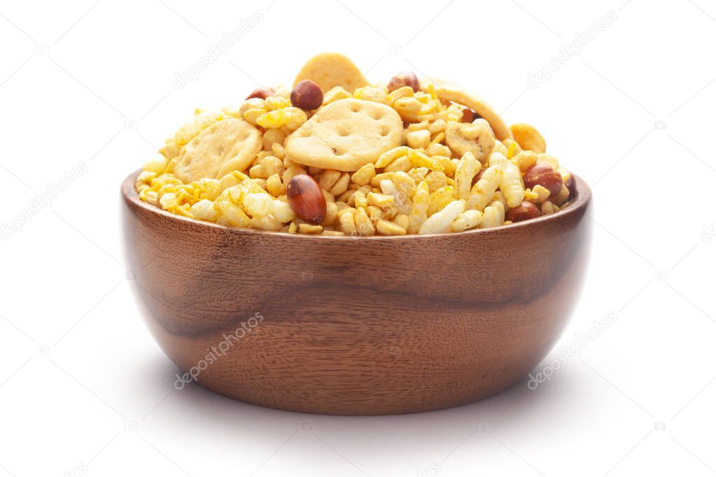 Close up of Bhel puri Indian namkeen (snacks) In hand-made (handcrafted) wooden bowl