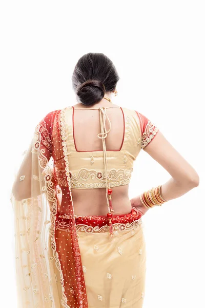 Back View Indian Bride Wearing Adjusting Sari Blouse — Stock Photo, Image