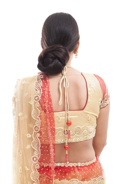 Visszapillantás Egy Indiai Menyasszonyra Szárit Blúzt Visel — Stock Fotó