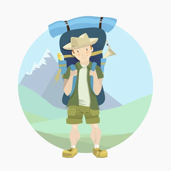 Turista con una gran mochila — Vector de stock