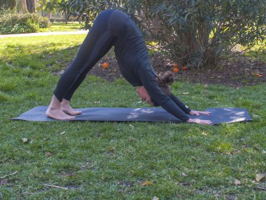 Güneşli bir günde pratik Yoga parkta güzel kadın