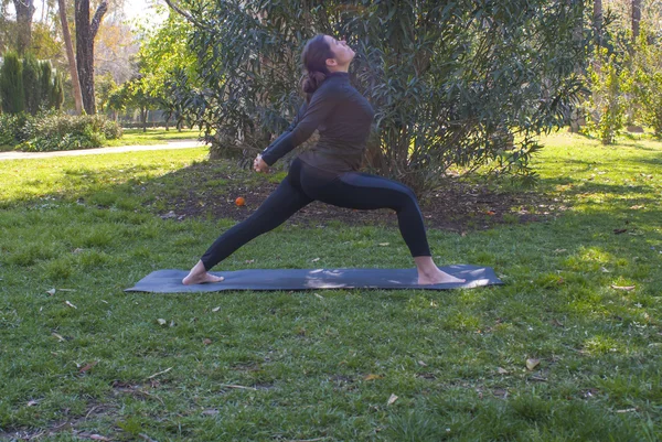 Güneşli bir günde pratik Yoga parkta güzel kadın — Stok fotoğraf