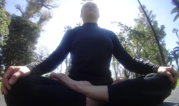 Belle femme pratiquant le yoga dans le parc par une journée ensoleillée — Photo