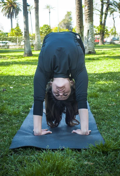 Güneşli bir günde pratik Yoga parkta güzel kadın — Stok fotoğraf