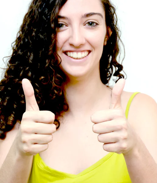 Mulher beleza com o polegar para cima sinal de otimismo sobre White Backg — Fotografia de Stock