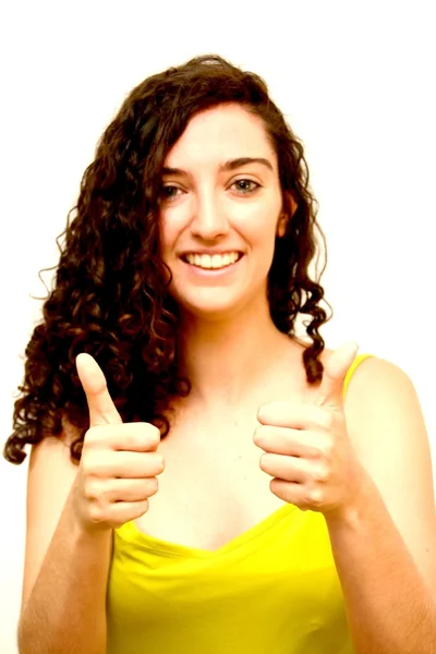 Beauty Woman With the thumb up sign of optimism over White Backg — Stock Photo, Image