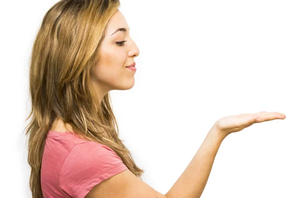 Retrato de una hermosa mujer con la mano abierta — Foto de Stock