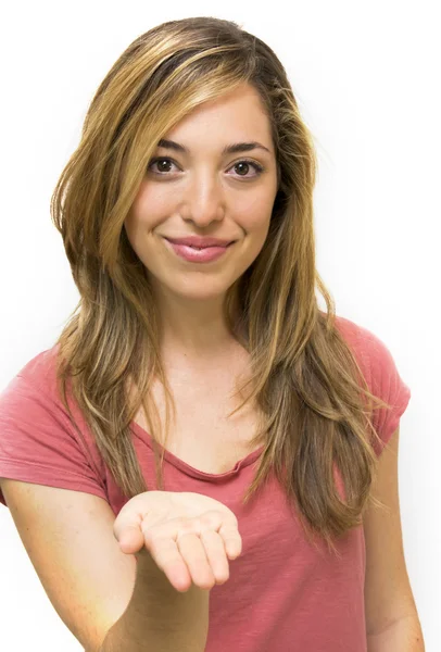 Portret van een mooie vrouw met haar open hand — Stockfoto