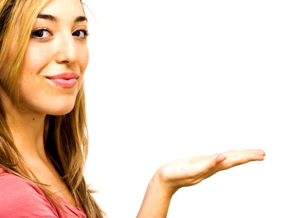 Retrato de una hermosa mujer con la mano abierta — Foto de Stock