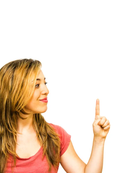 Portrait of a beautiful woman pointing up with her finger — Stock Photo, Image