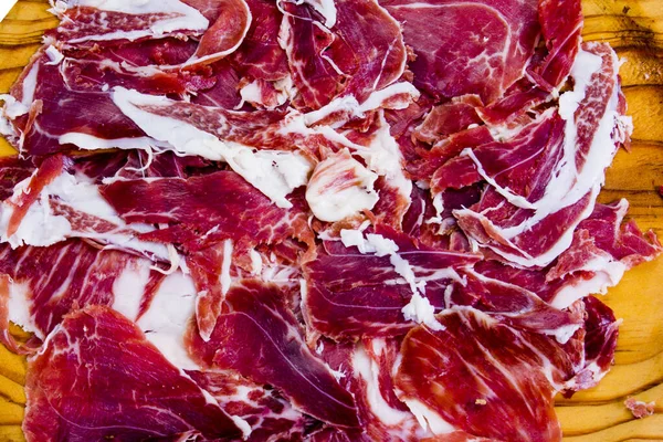 Porzioni Prosciutto Vassoio Legno Sfondo Bianco — Foto Stock