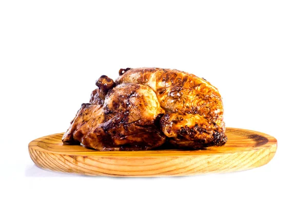 Pollo Arrosto Vassoio Legno Sfondo Bianco — Foto Stock