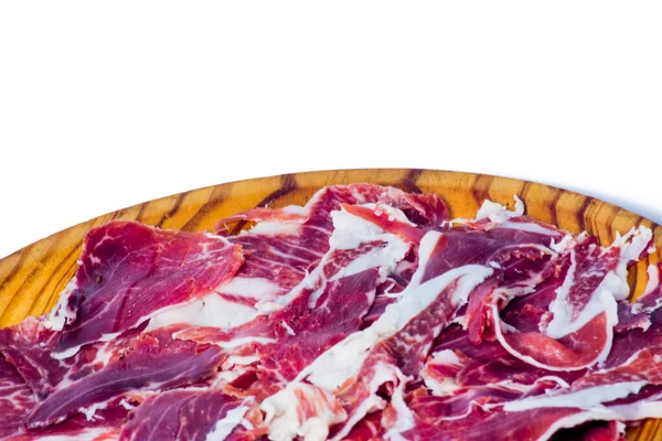 Tipiche Porzioni Gustose Spagnole Prosciutto Vassoio Legno Sfondo Bianco — Foto Stock