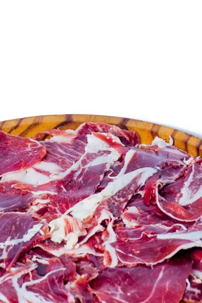 Typické Španělské Chutné Porce Šunky Dřevěném Podnosu Bílém Pozadí — Stock fotografie