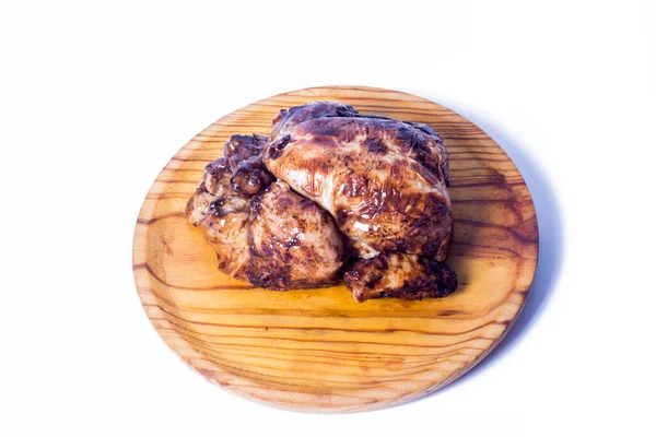 Roast Chicken Wooden Tray White Background — Stock Photo, Image
