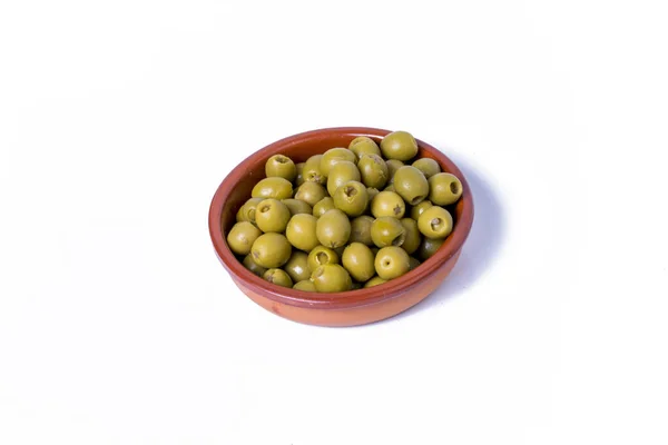 Lot Olives Stuffed Anchovies Ceramic Bowl White Background — Stock Photo, Image