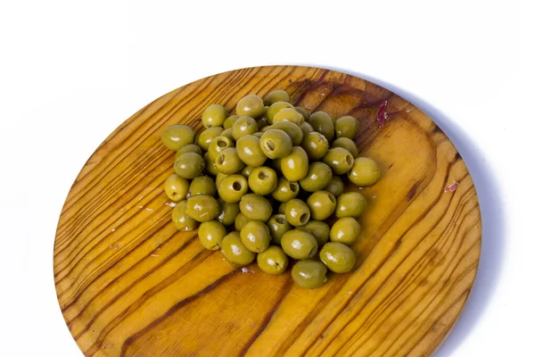 Lot Olives Stuffed Anchovies Wooden Tray White Background — Stock Photo, Image