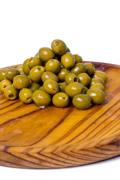 Lot Olives Stuffed Anchovies Wooden Tray White Background — Stock Photo, Image