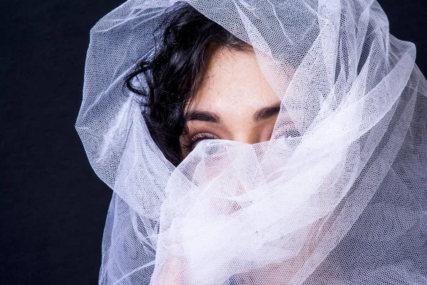 Portrait Beautiful Woman White Veil Black Background — Stock Photo, Image