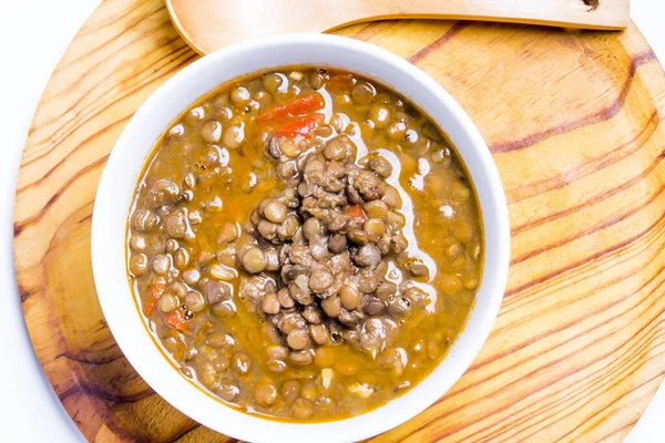 Tasty Bowl Lentils Wooden Tray White Background — Stock Photo, Image