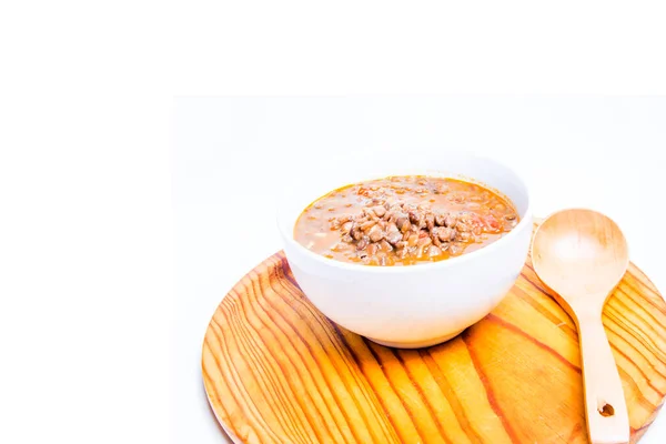 Tasty Bowl Lentils Wooden Tray White Background — Stock Photo, Image