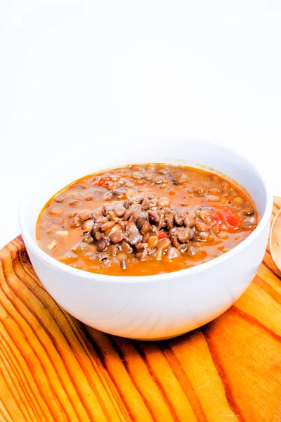 Tasty Bowl Lentils Wooden Tray White Background — Stock Photo, Image