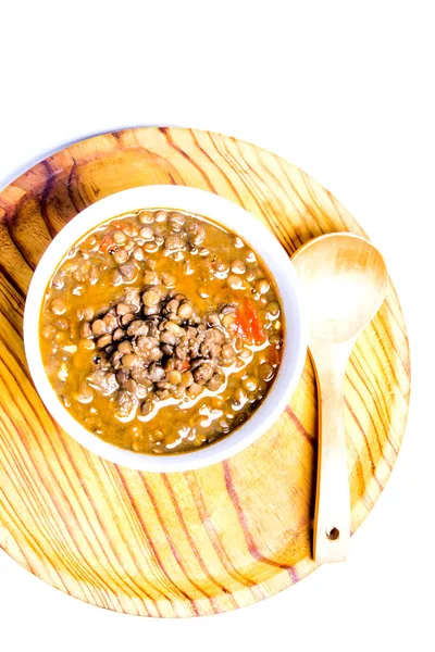 Tasty Bowl Lentils Wooden Tray White Background — Stock Photo, Image