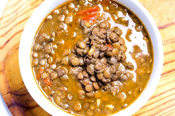 Tasty Bowl Lentils Wooden Tray White Background Stock Photo