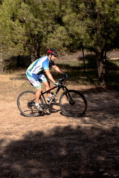 Cyclist on mountain bike racing making a career in the field — Stock Photo, Image