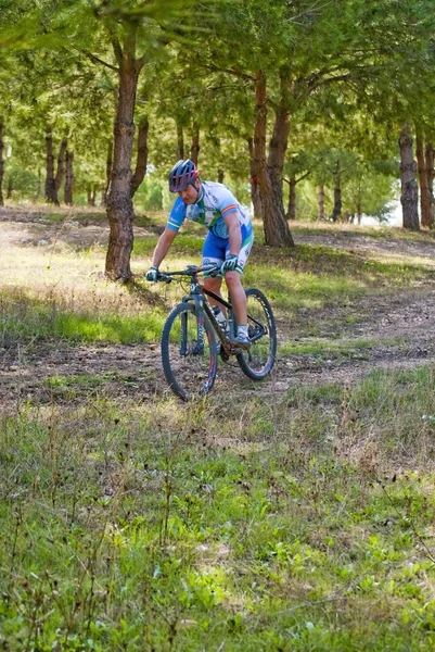 Ποδηλάτη στο ποδήλατο βουνού αγωνιστικά κάνοντας μια καριέρα στον τομέα — Φωτογραφία Αρχείου