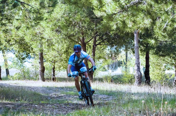 Cyklist på mountainbike racing att göra en karriär i fältet — Stockfoto