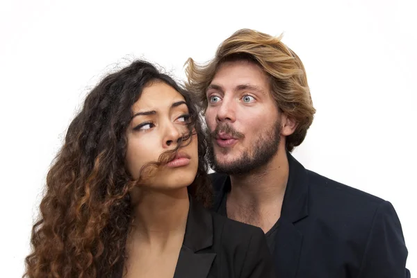 Beautiful portrait of a loving couple where He is blowing her ha — Stock Photo, Image